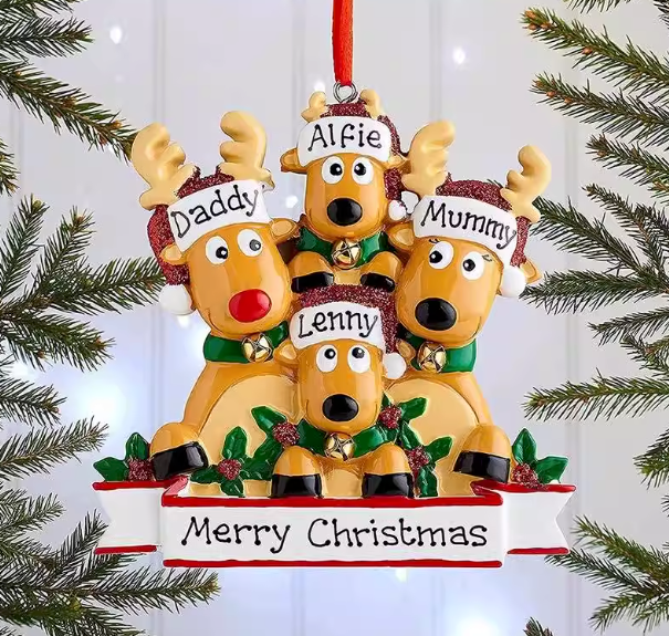 Example of Personalized Reindeer Family Christmas Ornament β Family of 4 with custom names and Merry Christmas bannerβ
