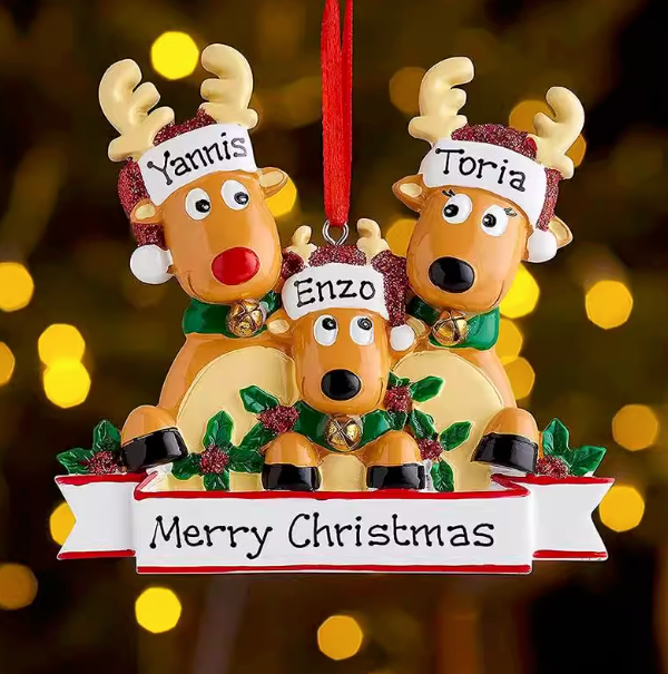 Personalized Reindeer Family Christmas Ornament – Family of 3 with custom names and Merry Christmas banner