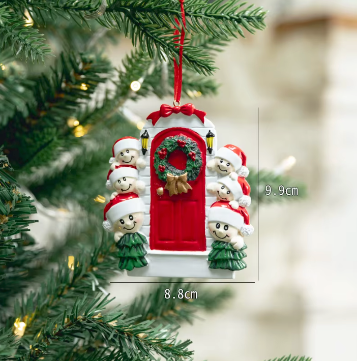 Personalized Family of 6 Door Christmas Ornament | Red Front Door with Wreath & Family Names