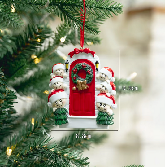 Personalized Family of 6 Door Christmas Ornament | Red Front Door with Wreath & Family Names